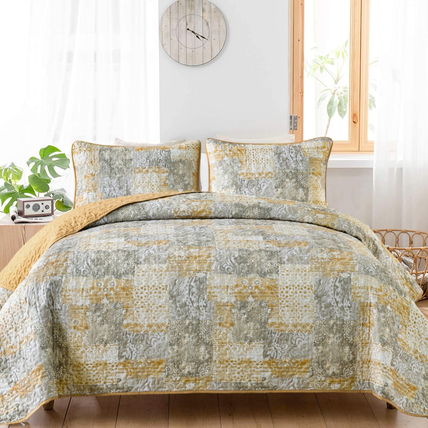 Mybedsoul Yellow Boho Quilt Set King Size 3 Pieces Grey And Yellow Plaid Floral Bedding Set Microfiber Lightweight Bohemian Patc